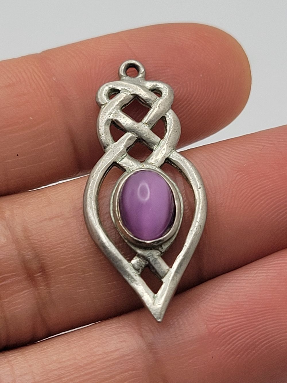 Silver Celtic Teardrop Pendant with Purple Cabochon
